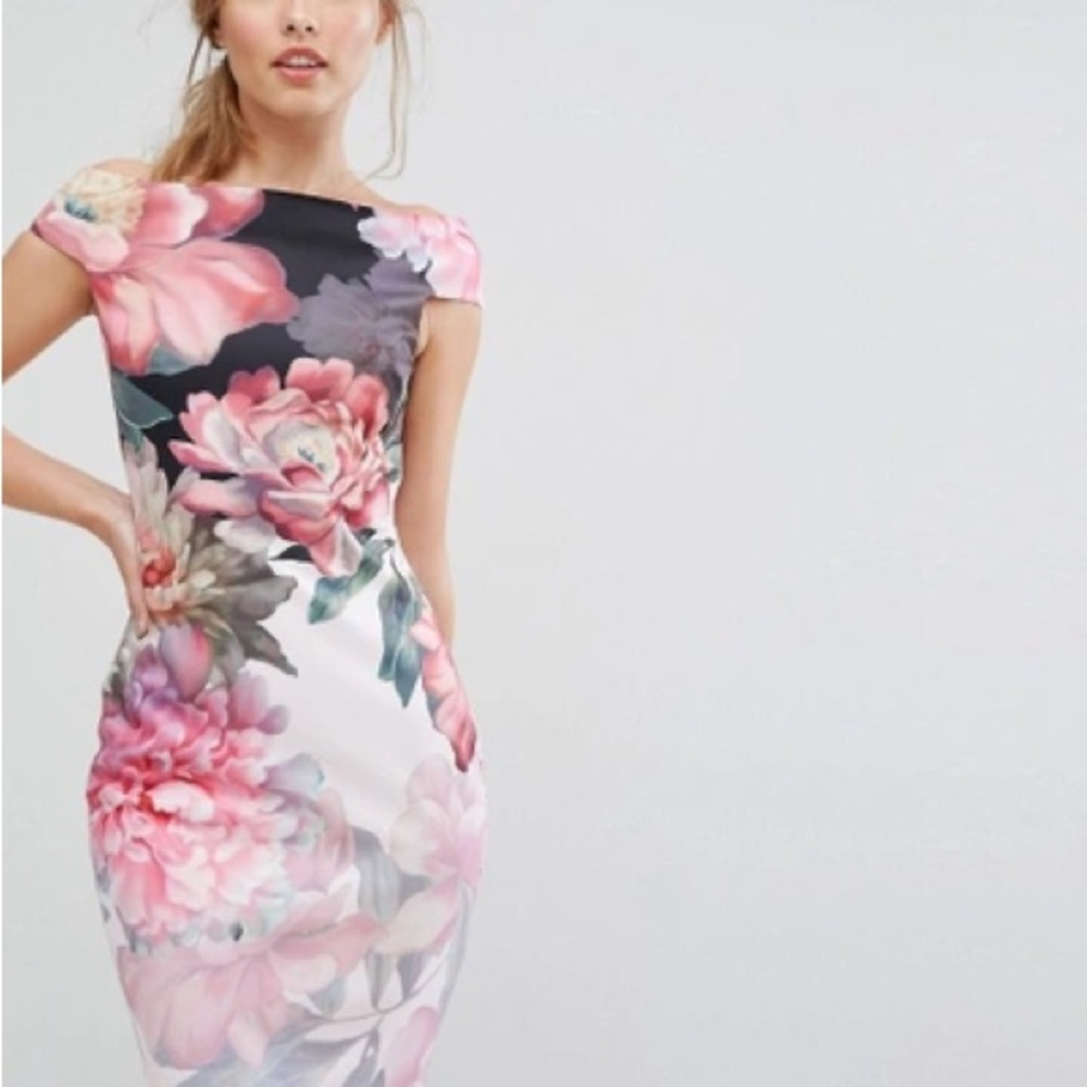 Ted Baker Black and Pink Floral Midi Dress